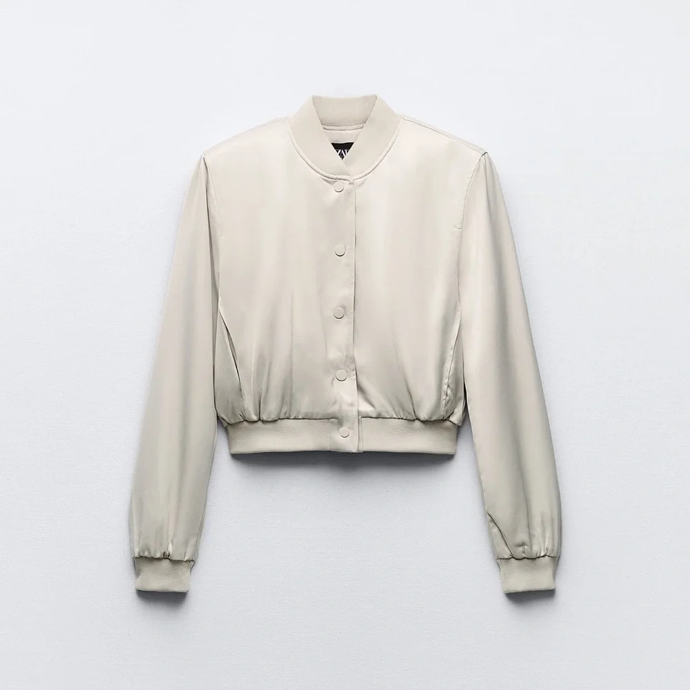 Zara satin effect crop bomber Sand color NWT - Picture 5 of 7